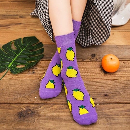 purple socks in lemon pattern