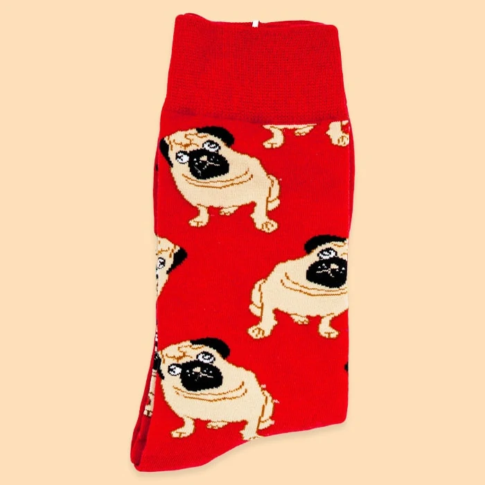 sealed pair of red socks in pug pattern from kumplo