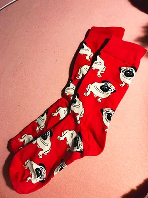 pair of pug socks from kumplo photographed by customer